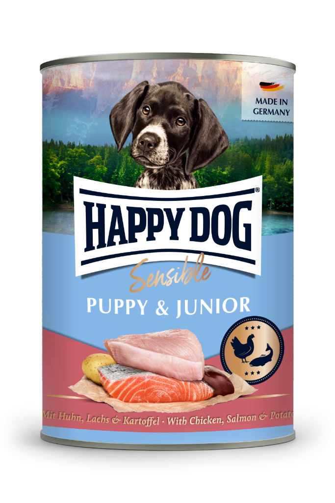 Happy Dog Sensible Puppy & Junior – Kana, lohi, peruna 400 g MAISTELUPAKKAUS